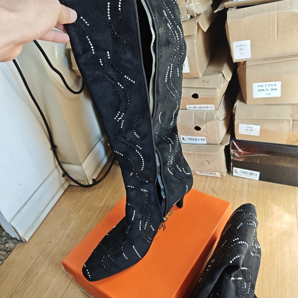 Black Suede Knee-High Boots with Rhinestone Detailing